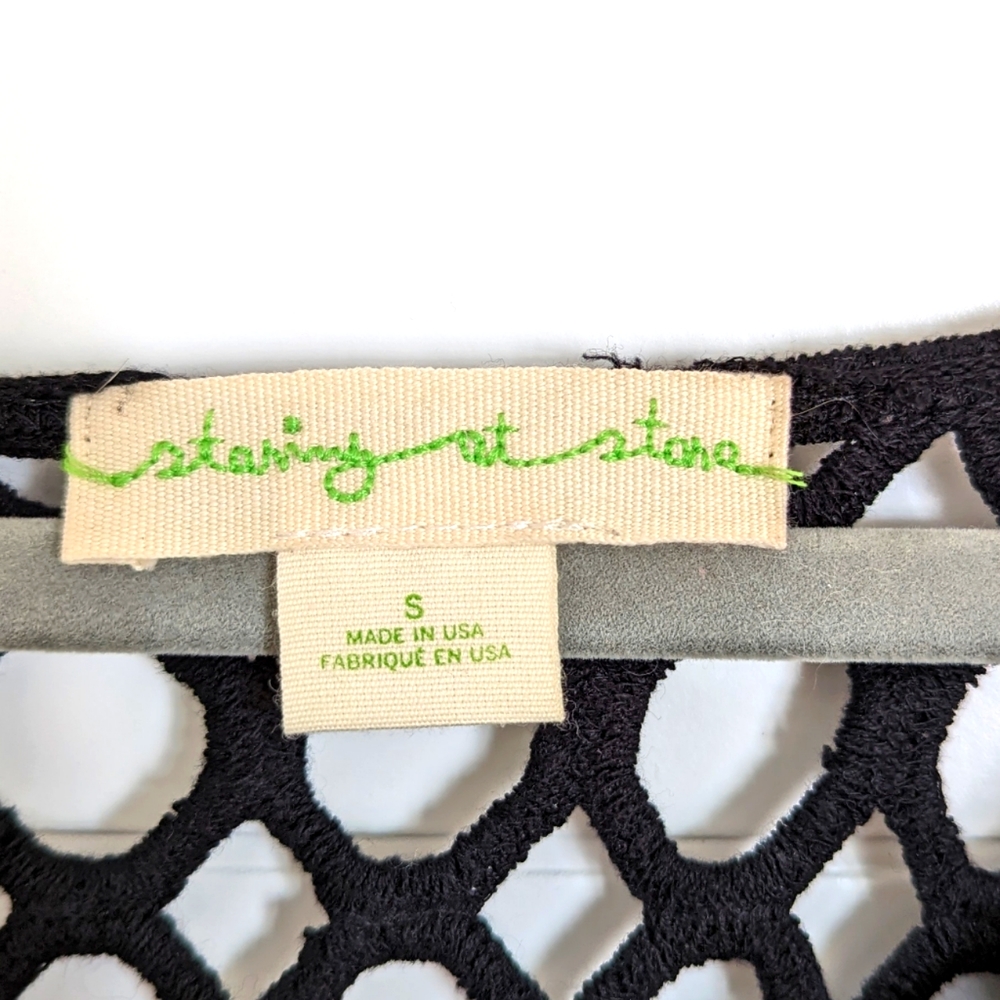 Staring at Stars Anthropologie Slub Knit, Raw Hem Black Top, Embroidered back